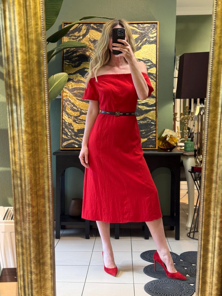 Kızmızı Renk Keten Elbise ...