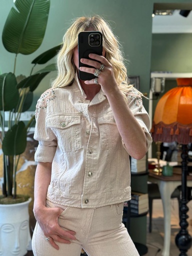 Pudra Pembe Omuz Taş Detaylı Denim Ceket.