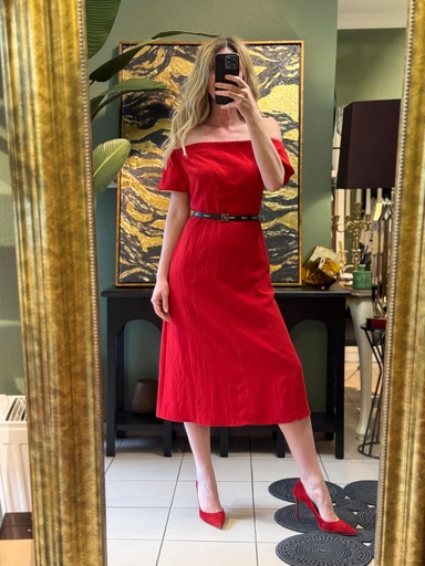 Kızmızı Renk Keten Elbise ...